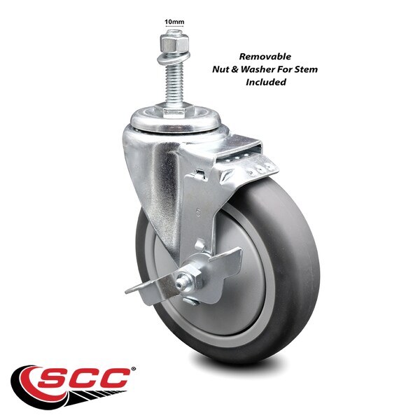 5 Inch Thermoplastic Rubber Swivel 10mm Threaded Stem Caster with Brake SCC
